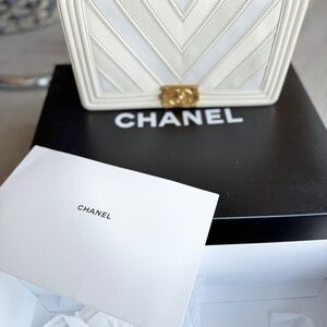 Chanel Chevron White Bag with Gold Accent
